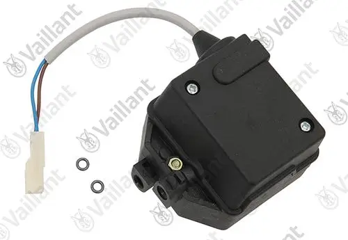 Vaillant Strömungsschalter mit zwei Anschlüssen und elektrischen Anschlüssen auf der Oberseite, einschließlich O-Ringen.